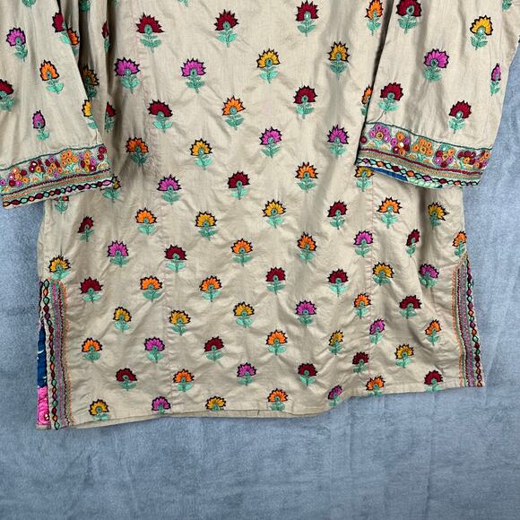 Generation Cottage Tunic Top Womens 8 Tan Embroidered Floral Smocked Modest Boho - Picture 4 of 16